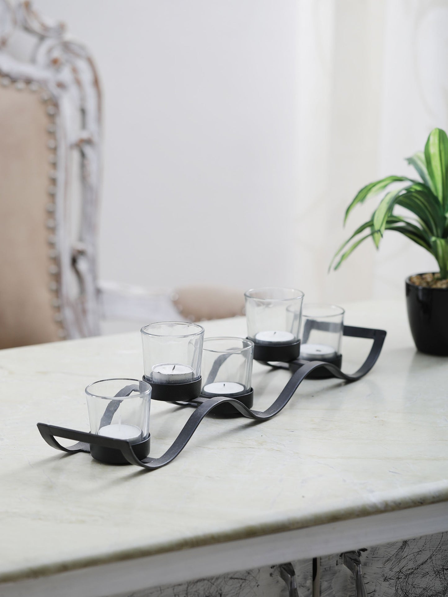 Black Iron Wave Votive Candle Holder with Five Clear Glass Cups