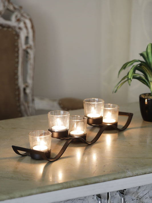 Black Iron Wave Votive Candle Holder with Five Clear Glass Cups