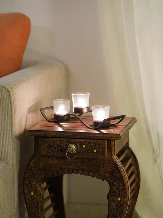 Black Iron Wave Votive Candle Holder with Three Clear Glass Cups