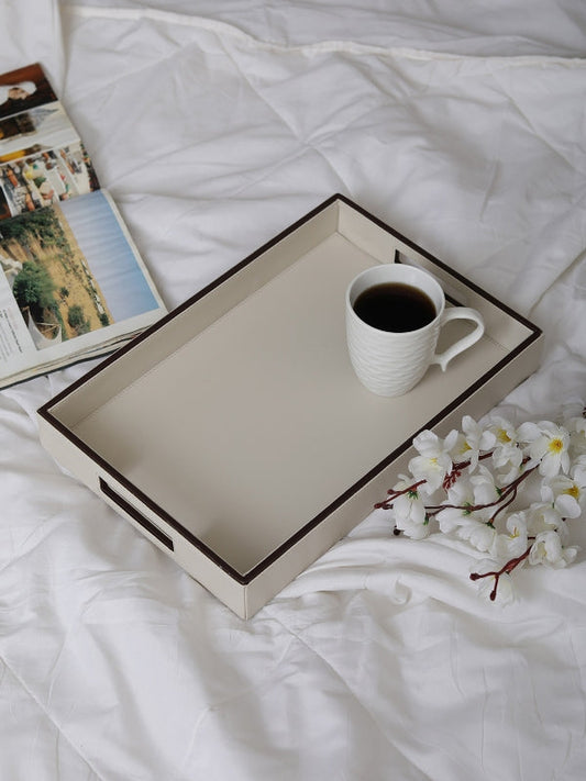 Cream & Brown Leatherite Rectangle Tray