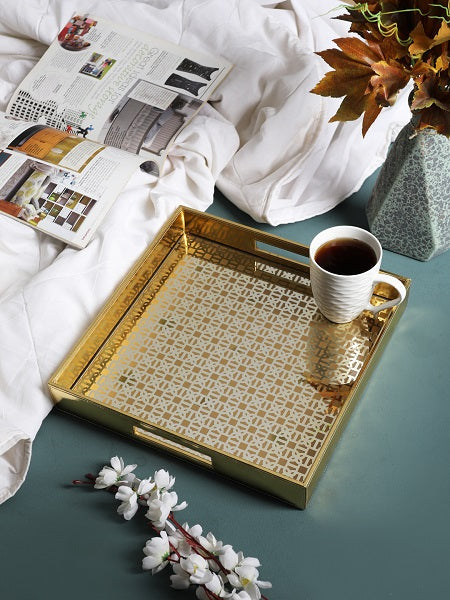 Mysore square gold Pattern Glass Printed Leatherite Tray