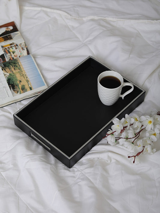 Noire Black & Silver Leatherite Rectangle Tray