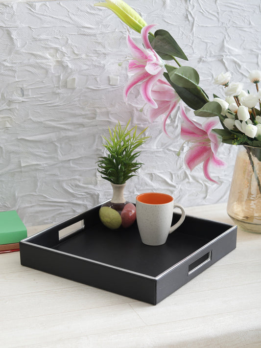 Noire Black & Silver Leatherite Square tray