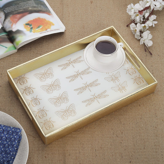 Pearl White & Gold Printed Rectangular Tray