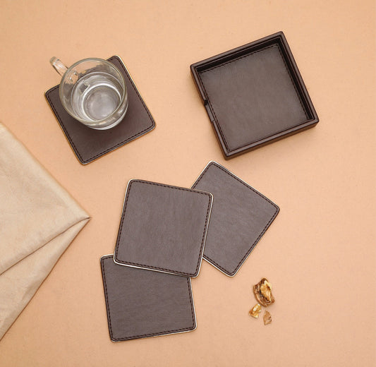 Morgan Brown & Gold PU Leather Coaster Set of 4