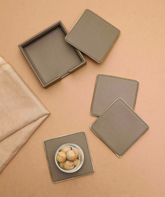 Dove Beige & Gold PU Leather Coaster Set of 4