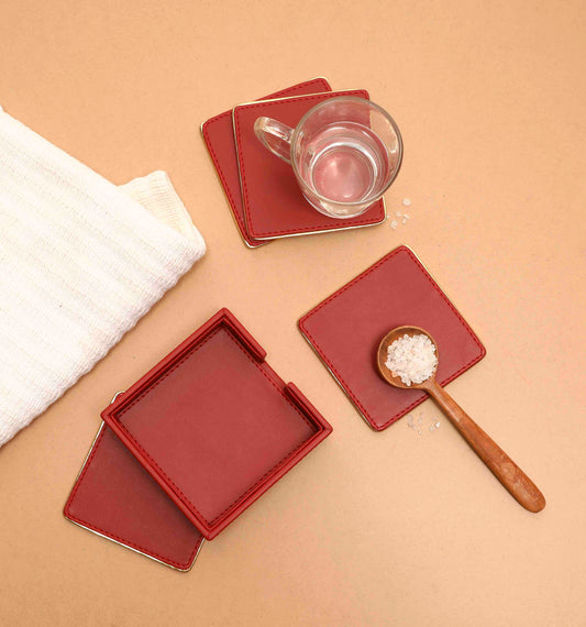 Crimson Red & Gold PU Leather Coaster Set of 4