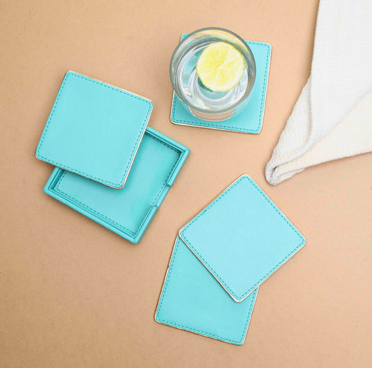 Sapphire Blue & Gold PU Leather Coaster Set of 4