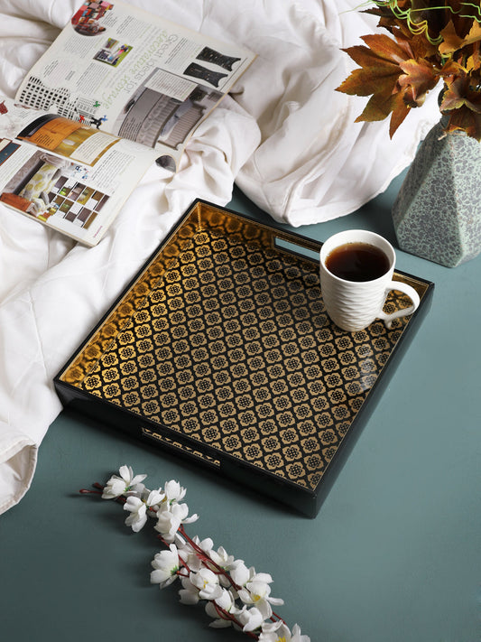 Jaisalmer square black & gold Pattern Glass Printed Leatherite Tray