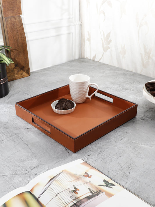 Cynthia Tan & Brown Leatherite Square Tray