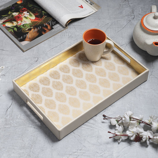 Santorini Cream & Gold Glass Printed Rectangle Tray
