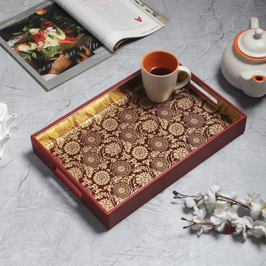 Malabar Red & Gold Glass Printed Rectangle Tray