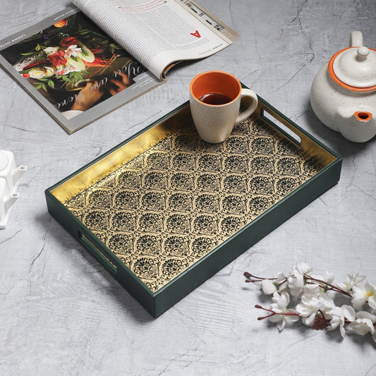 Comorin Green & Gold Glass Printed Rectangle Tray
