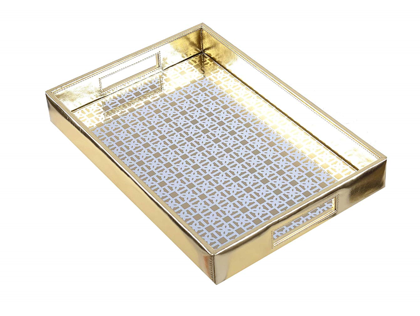 Mysore gold Pattern Glass Printed Leatherite Tray Rectangle
