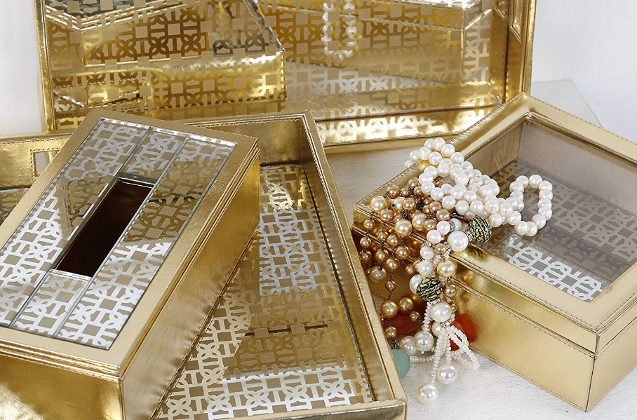 Mysore gold Pattern Glass Printed Leatherite Tray Rectangle