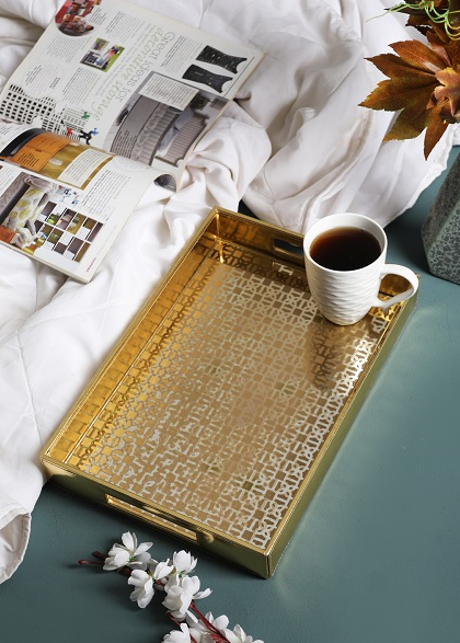 Mysore gold Pattern Glass Printed Leatherite Tray Rectangle