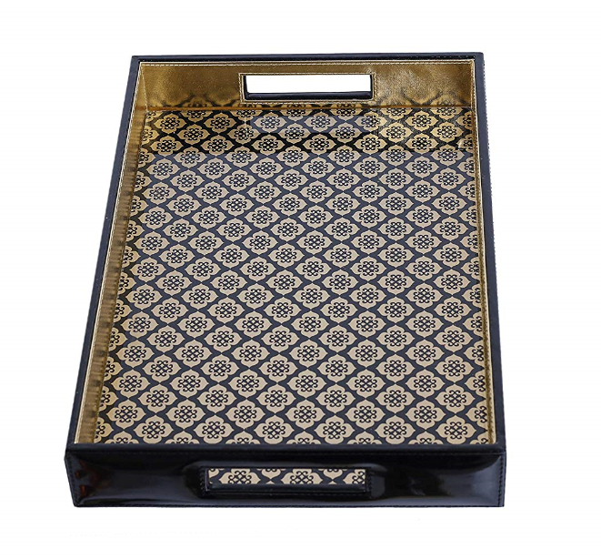 Jaisalmer Rectangle black & gold Pattern Glass Printed Leatherite Tray