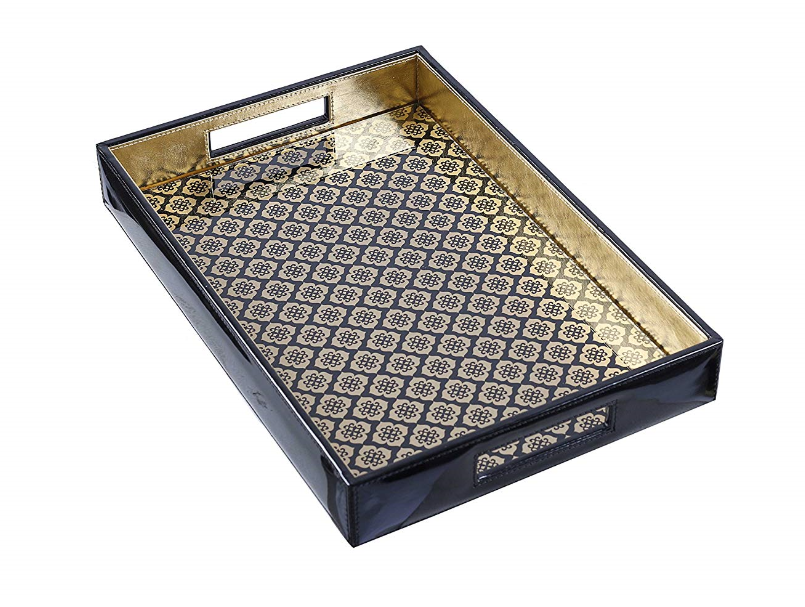 Jaisalmer Rectangle black & gold Pattern Glass Printed Leatherite Tray