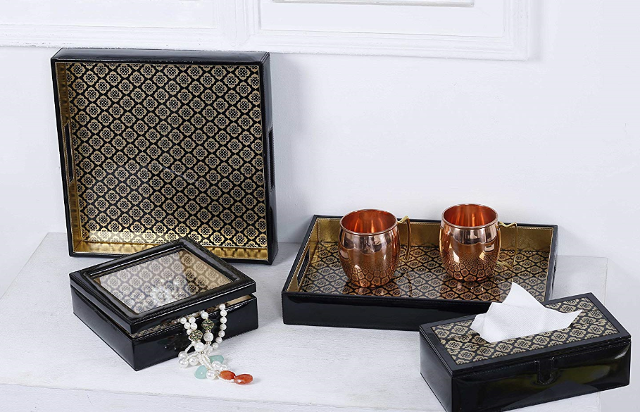 Jaisalmer square black & gold Pattern Glass Printed Leatherite Tray