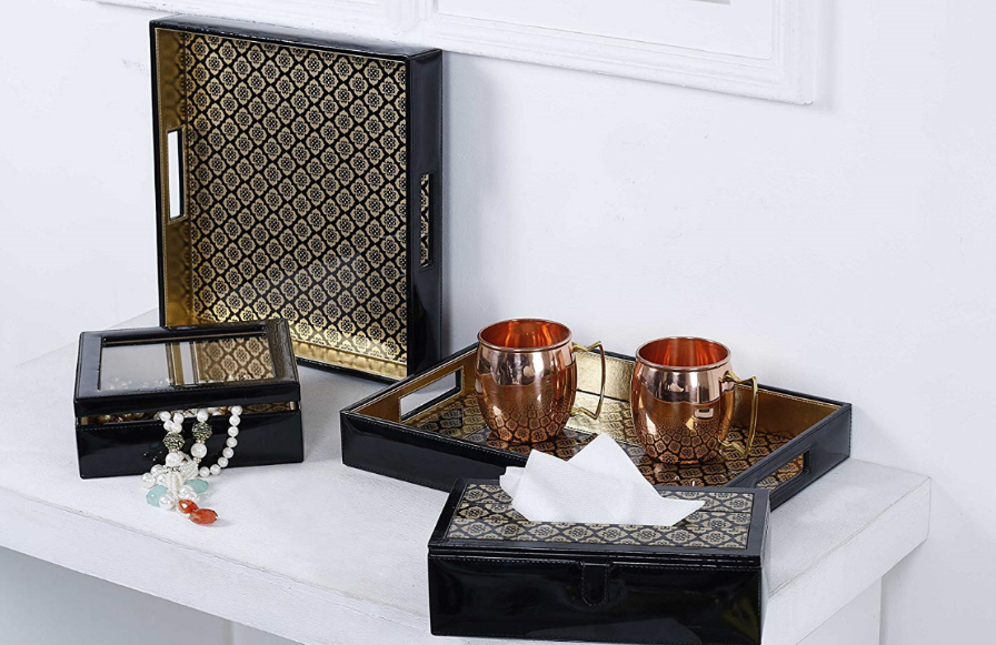Jaisalmer square black & gold Pattern Glass Printed Leatherite Tray