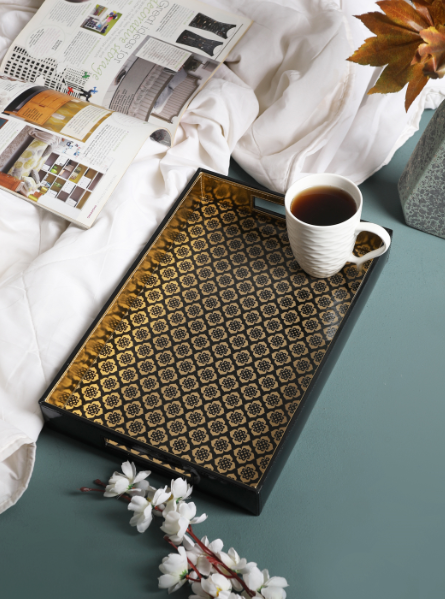 Jaisalmer Rectangle black & gold Pattern Glass Printed Leatherite Tray