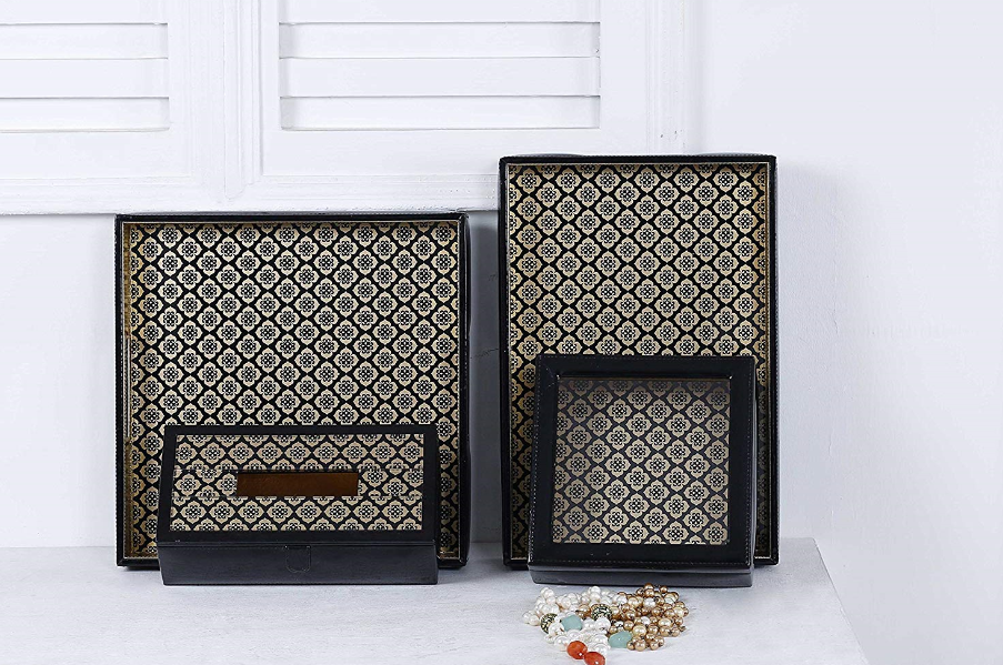 Jaisalmer square black & gold Pattern Glass Printed Leatherite Tray
