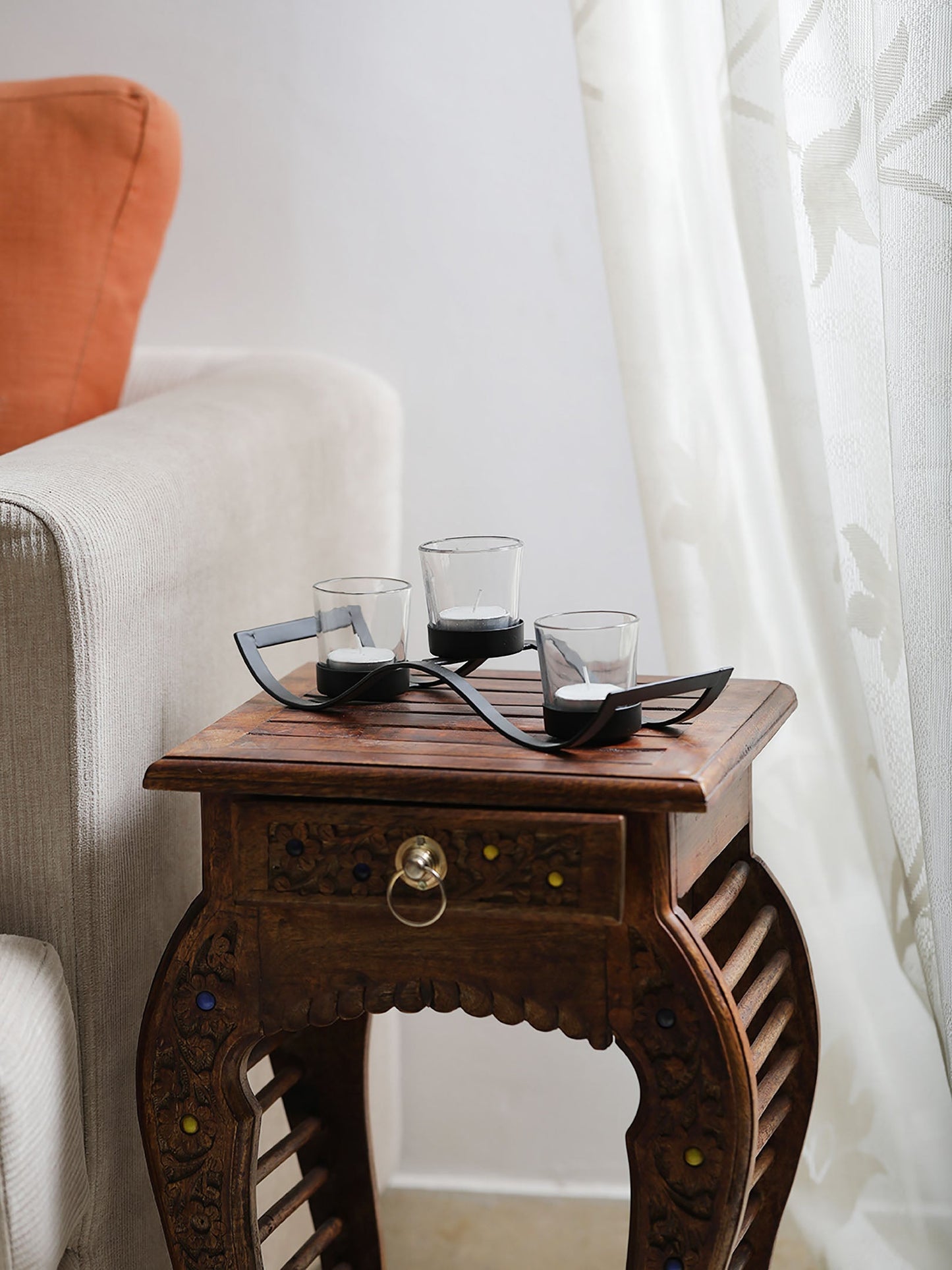 Black Iron Wave Votive Candle Holder with Three Clear Glass Cups