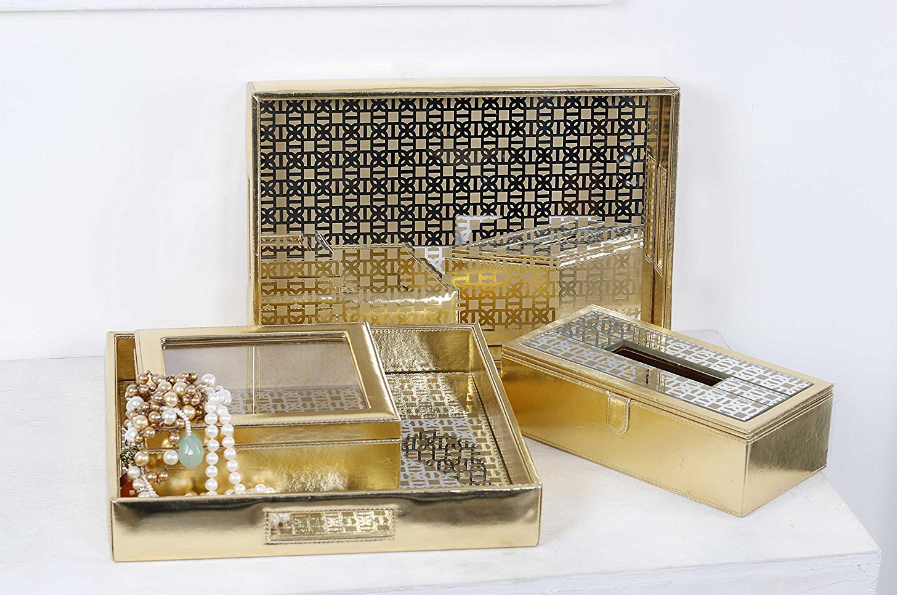 Mysore gold Pattern Glass Printed Leatherite Tray Rectangle